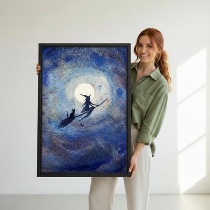  Woman holding large witch and black cat moonlit broomstick framed canvas print, gothic fantasy wall art size reference