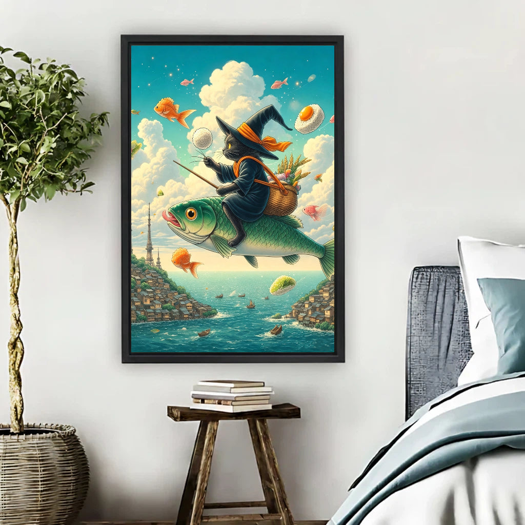 Colorful witch cat riding flying fish framed canvas print hung on bedroom wall beside rustic wooden stool
