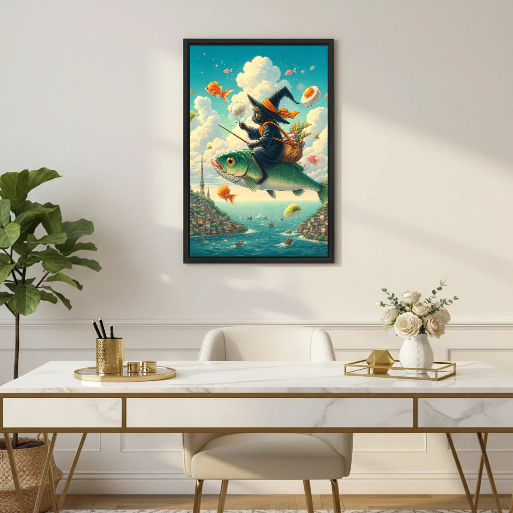 Fantasy witch cat flying fish framed canvas wall art displayed above marble desk in elegant gold home office