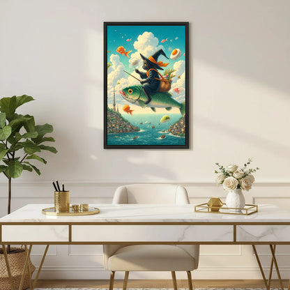 Fantasy witch cat flying fish framed canvas wall art displayed above marble desk in elegant gold home office