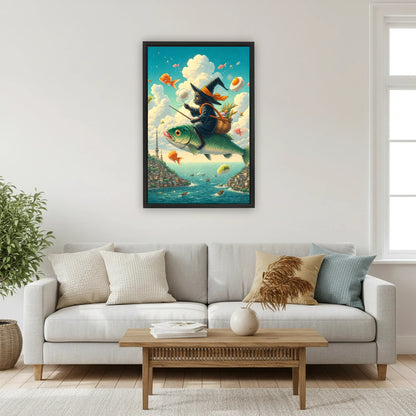 Whimsical witch cat riding giant flying fish framed canvas print above sofa in bright Scandinavian living room