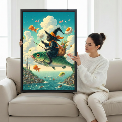 Woman holding large witch cat flying fish fantasy framed canvas art showing size reference on white sofa