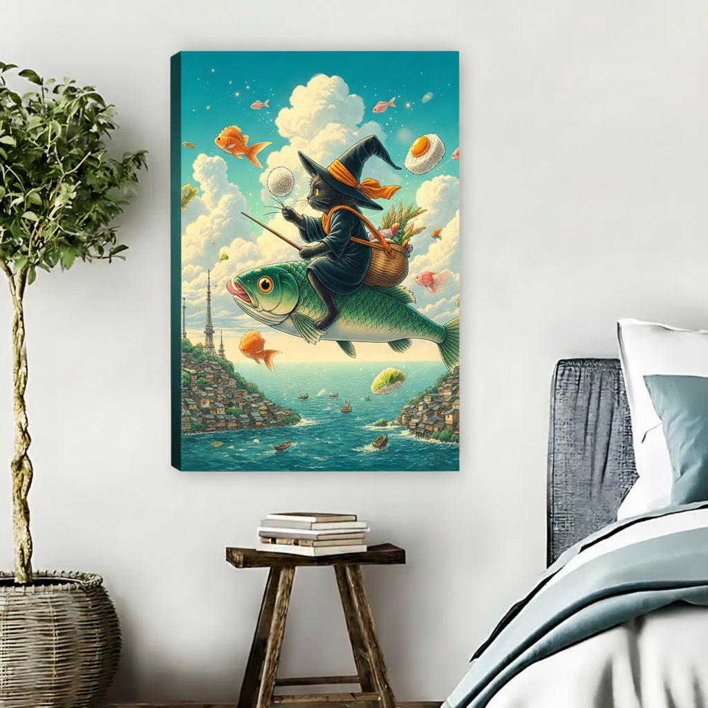 Witch cat flying fish fantasy gallery wrap canvas art displayed in cozy bedroom with natural wrap finish