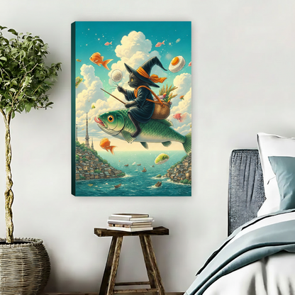 Witch cat flying fish fantasy gallery wrap canvas art displayed in cozy bedroom with natural wrap finish
