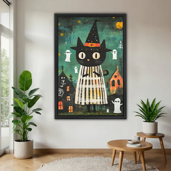 Woman holding a large framed witch cat and ghosts canvas wall art to show its size