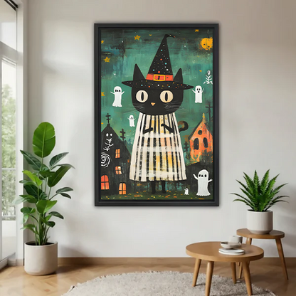 Woman holding a large framed witch cat and ghosts canvas wall art to show its size
