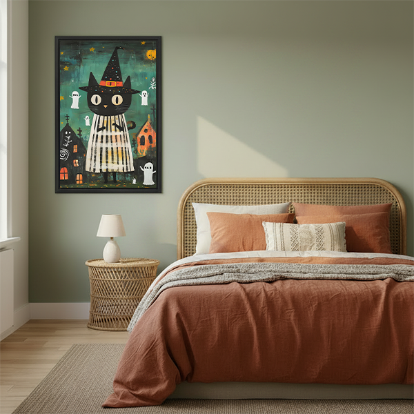 Gallery-wrap witch cat and ghosts canvas wall art on a bright living room wall between potted plants