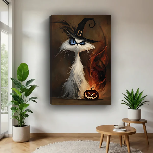 Woman holding framed witch cat Halloween canvas wall art with a glowing jack-o'-lantern in a bright room