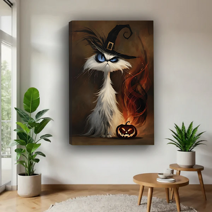 Woman holding framed witch cat Halloween canvas wall art with a glowing jack-o'-lantern in a bright room