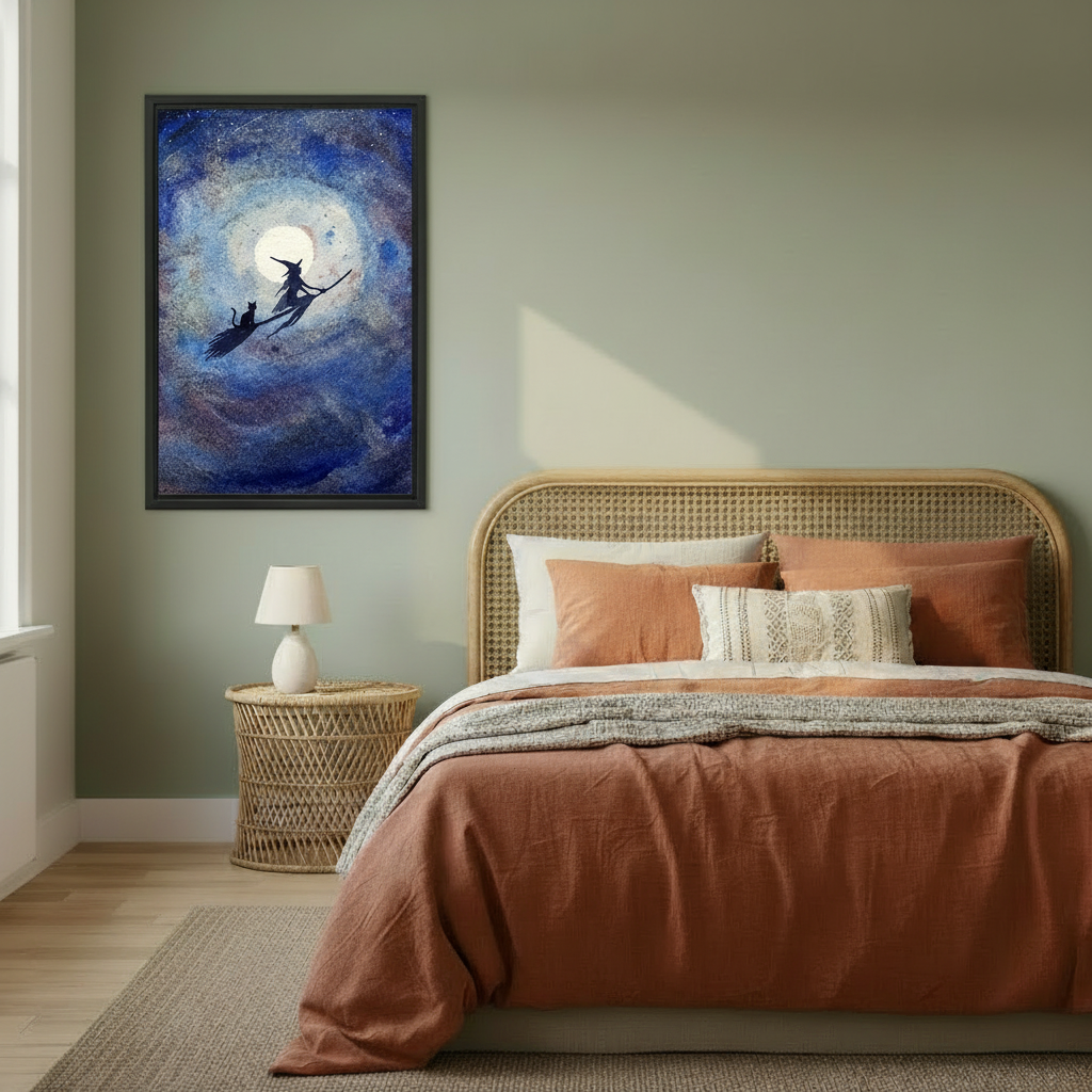 Mystical witch black cat broomstick moon framed print above rattan bed, dark fantasy boho bedroom wall decor