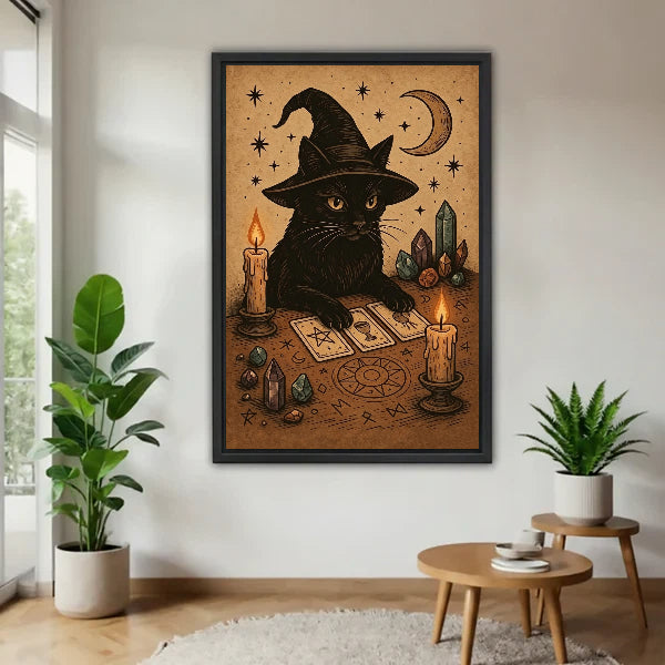 Vintage witch cat tarot canvas wall art in black frame displayed in minimalist living room with indoor plants