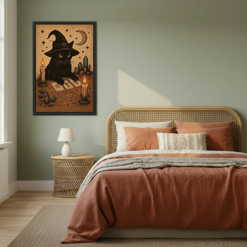 Witch cat tarot framed canvas wall art on sage green bedroom wall above rattan bed with terracotta bedding