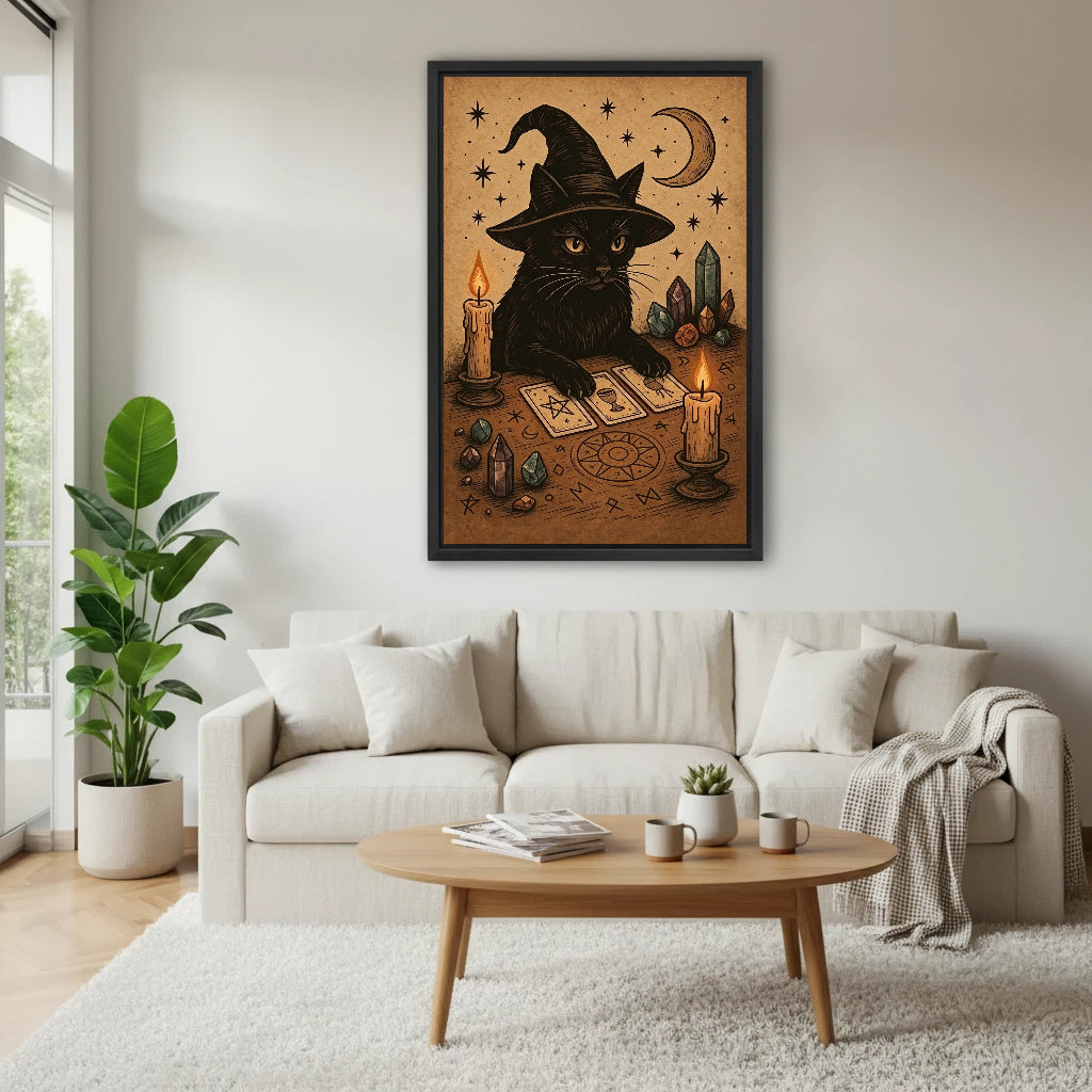 Framed witch cat tarot painting above cream sofa in bright Scandinavian living room with coffee table