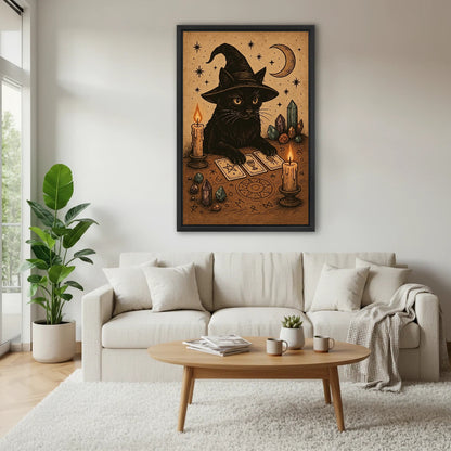 Framed witch cat tarot painting above cream sofa in bright Scandinavian living room with coffee table