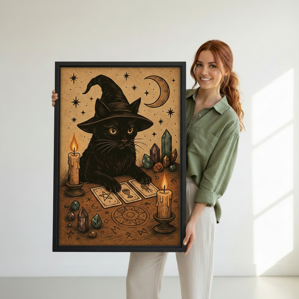Woman holding framed vintage witch cat tarot canvas wall art showing size reference in white studio