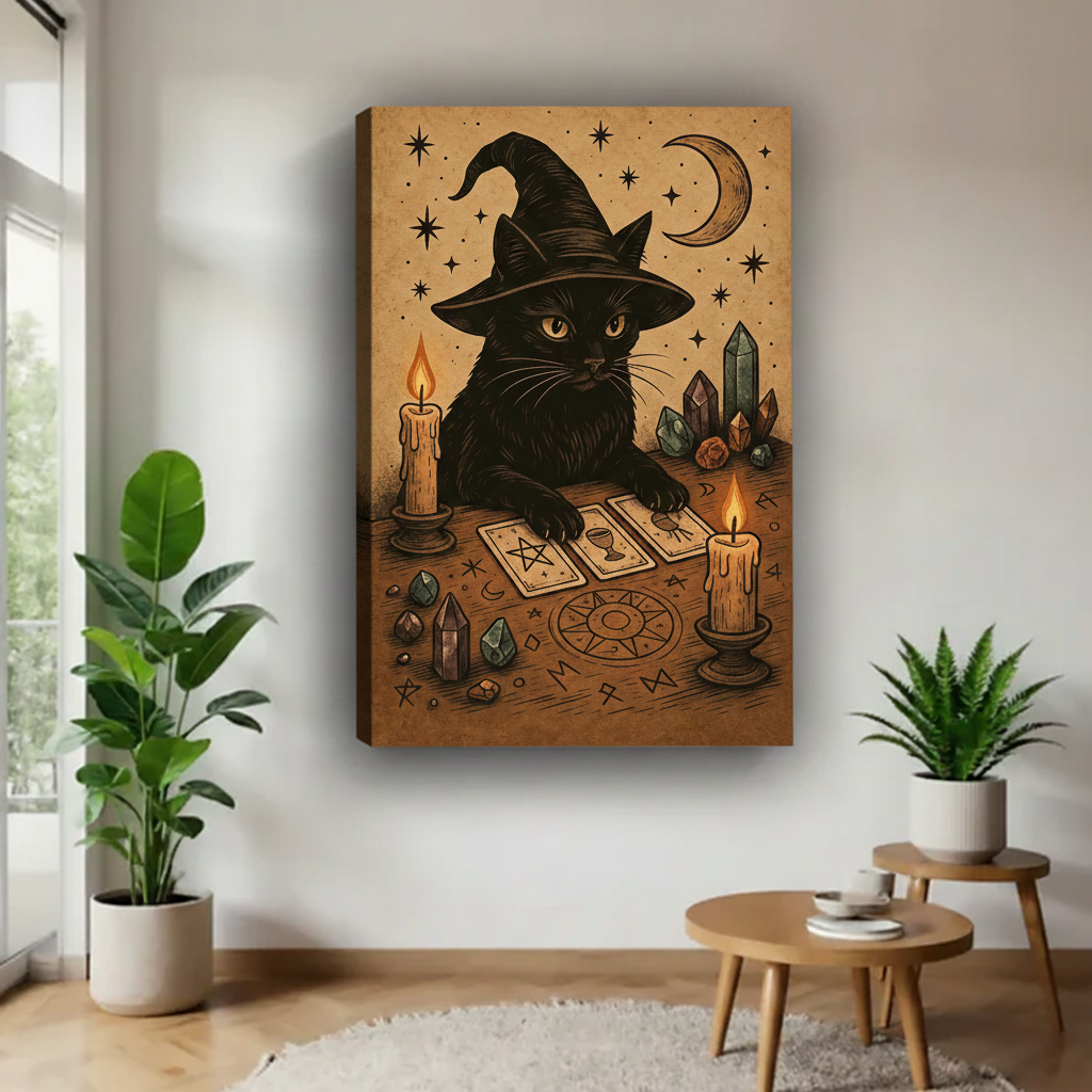 Gallery wrap witch cat tarot canvas art displayed frameless on white wall between two potted plants