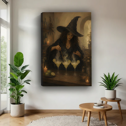 Dark academia witch cocktail canvas wall art framed in black above a cream sofa and oval wood table