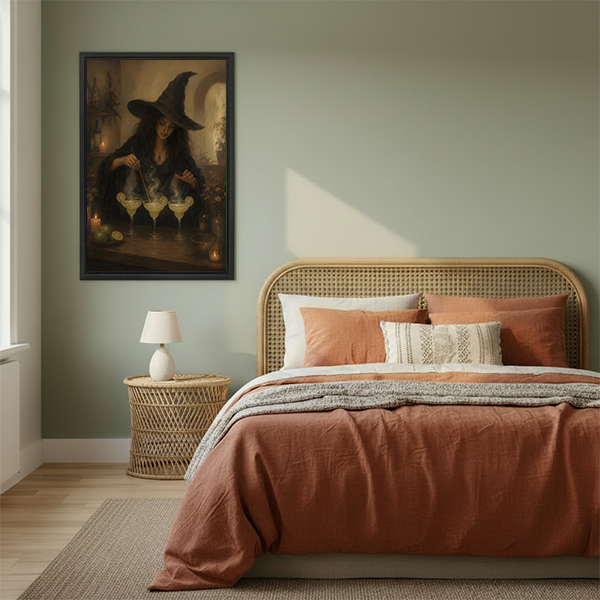 Gallery-wrap dark academia witch cocktail canvas wall art on a bright living room wall between plants