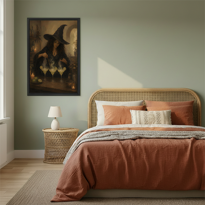 Gallery-wrap dark academia witch cocktail canvas wall art on a bright living room wall between plants