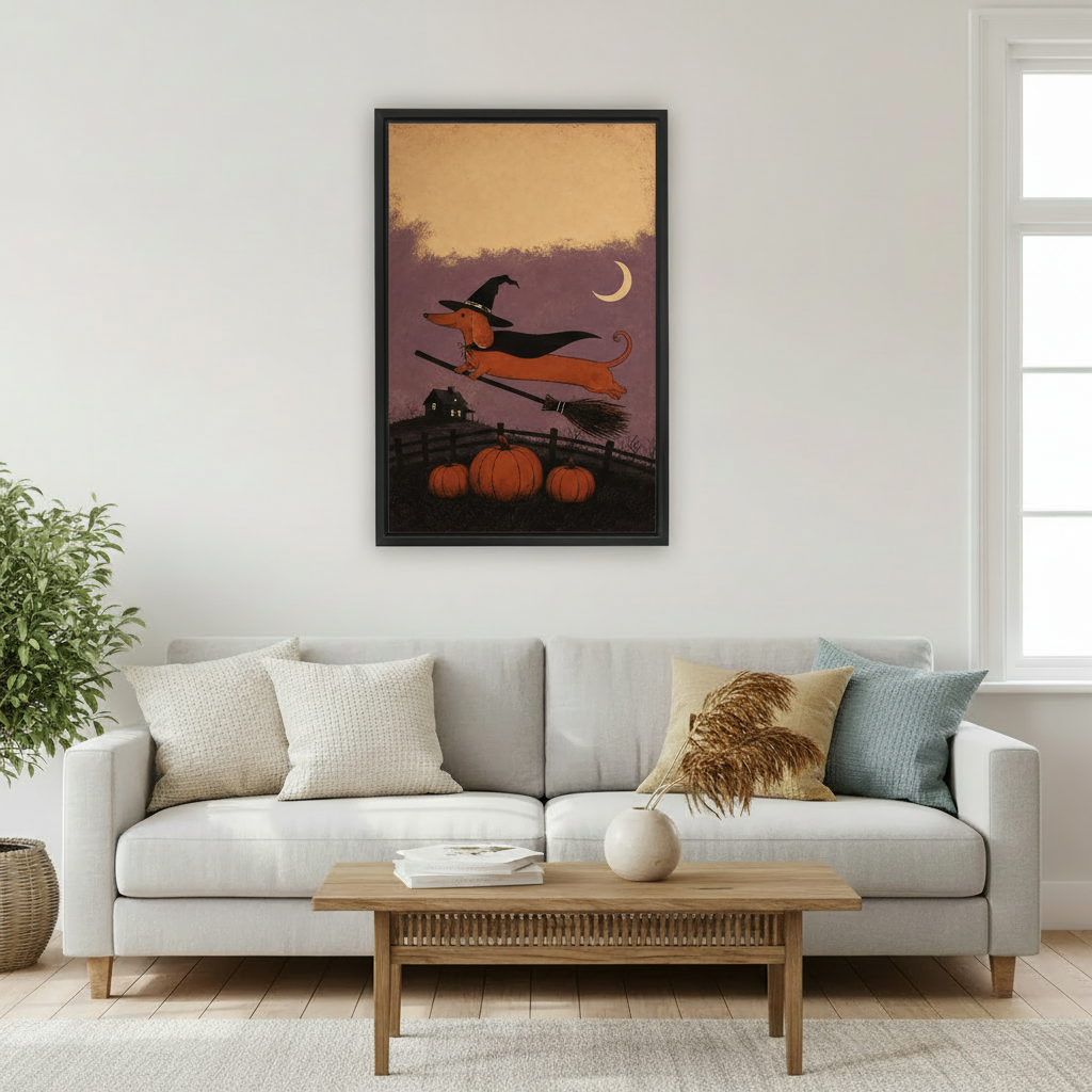 Folk art dachshund in black witch hat flying on broomstick over orange pumpkins and haunted house under crescent moon framed canvas above grey sofa