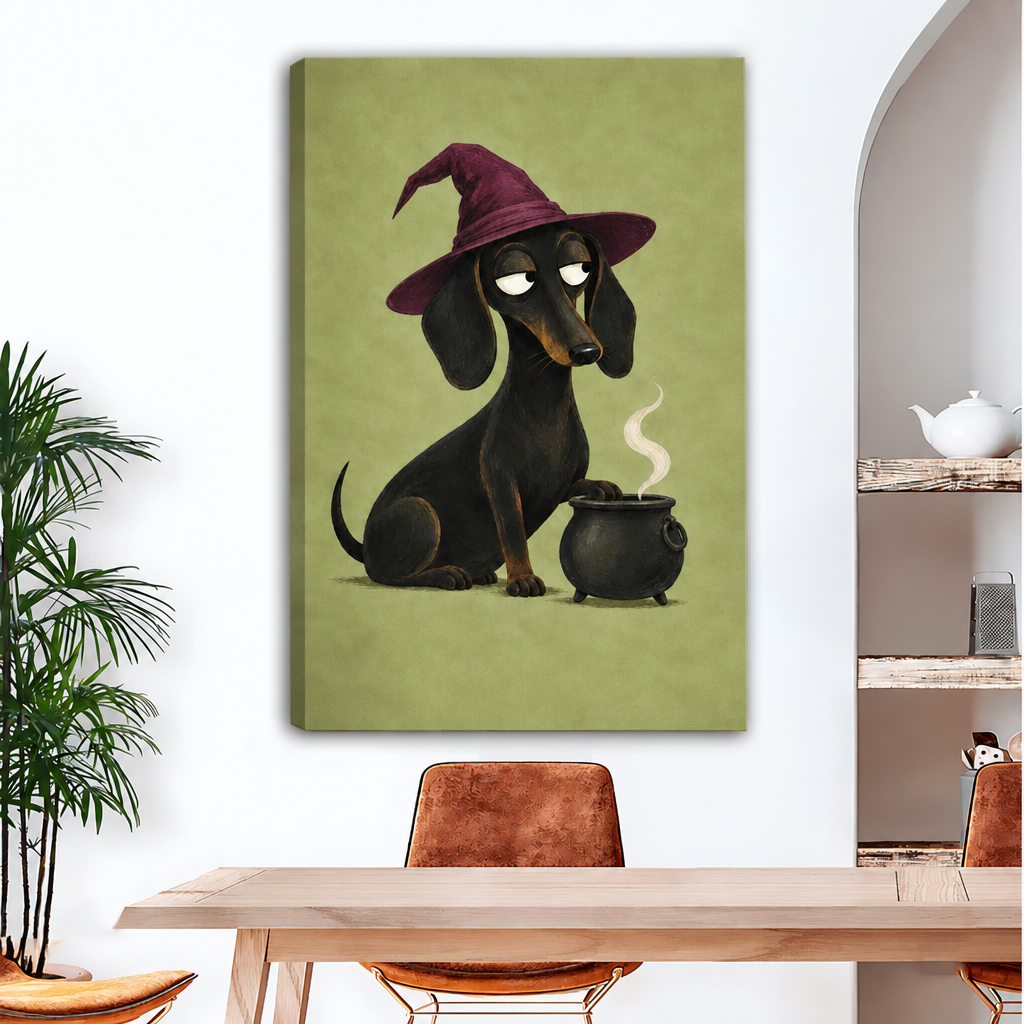 Unframed witch dachshund canvas wall art with visible wrapped edges displayed above a wooden dining table.