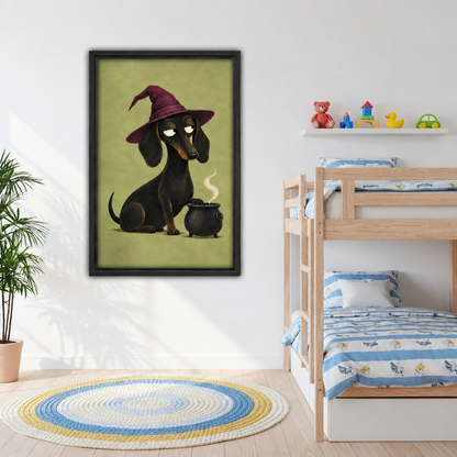 Black-framed witch dachshund canvas wall art beside wooden bunk beds and a toy shelf in a children's bedroom.