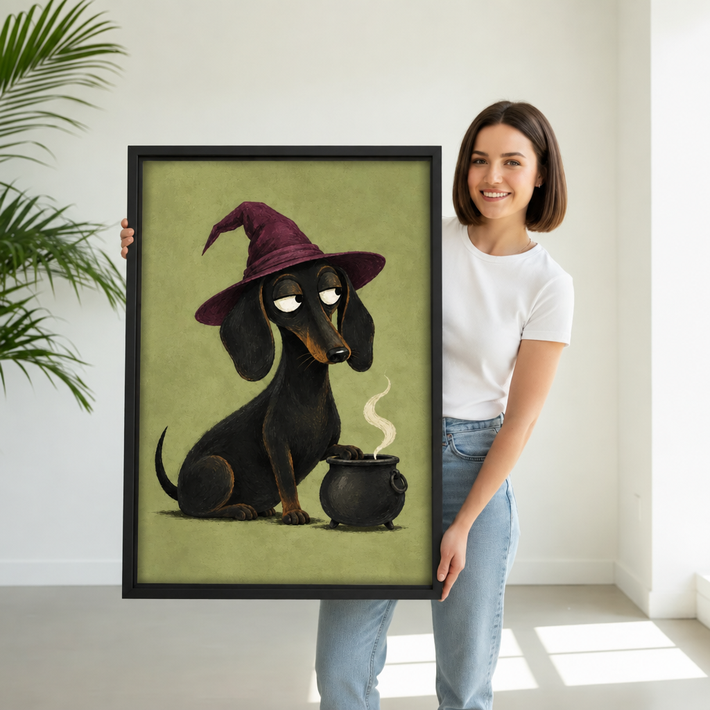 Woman holding black-framed witch dachshund canvas wall art featuring a purple witch hat and steaming cauldron.