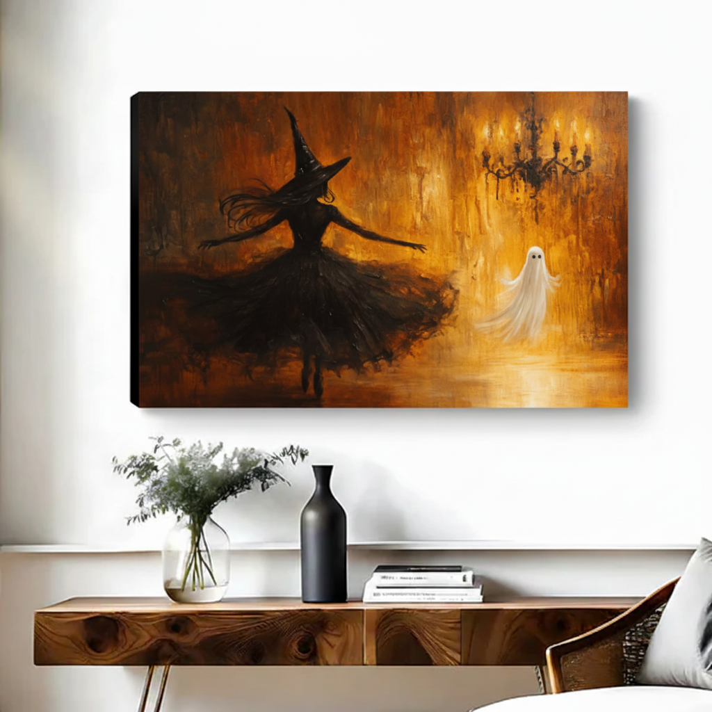Frameless canvas of witch silhouette in black hat dancing with floating ghost in warm orange candlelit ballroom above walnut console table
