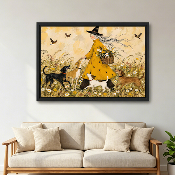 Black-framed witch and dogs canvas wall art showing a whimsical meadow walk above a white bed.