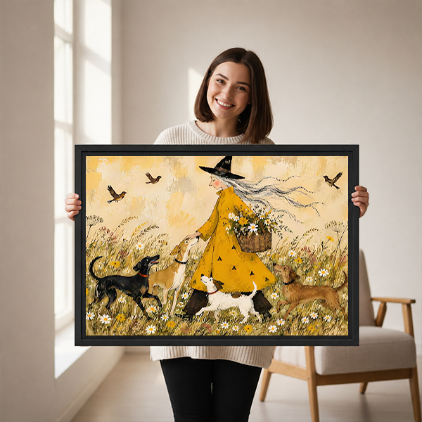 Woman holding framed witch and dogs canvas wall art with a flower basket and birds in a golden sky.