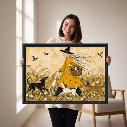 Woman holding framed witch and dogs canvas wall art with a flower basket and birds in a golden sky.