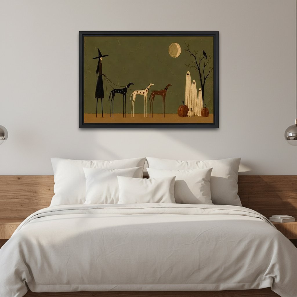 Ghostly Horses Canvas Wall Art framed above white bedding and a wooden headboard in a calm bedroom.
