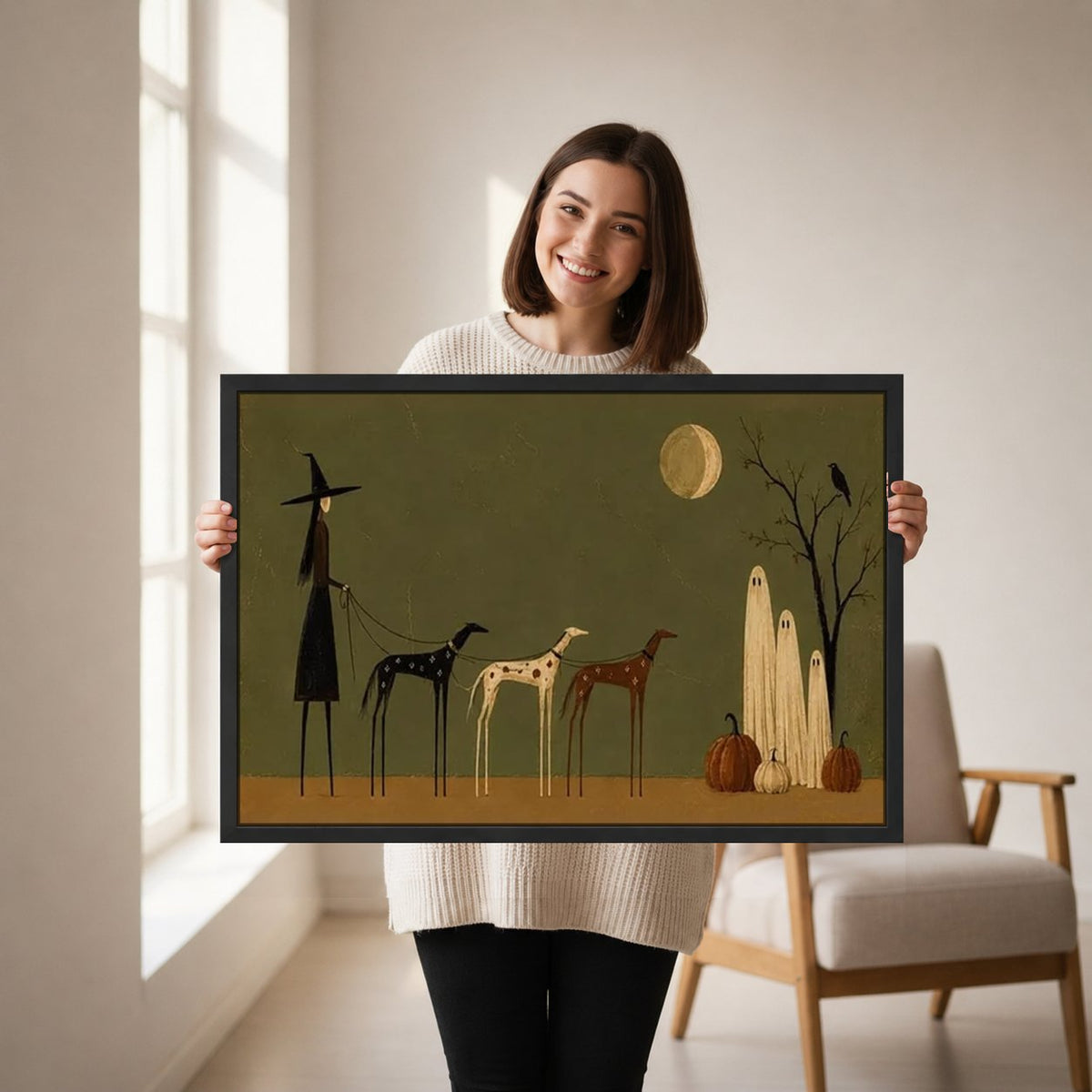 Ghostly Horses Canvas Wall Art held in a black frame by a smiling woman beside a sunny window.
