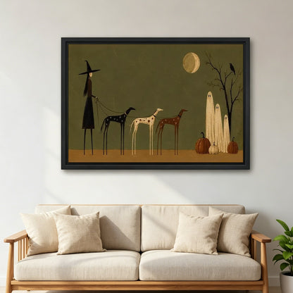 Ghostly Horses Canvas Wall Art framed above a beige sofa with cushions in a bright living room.