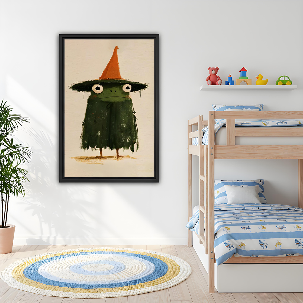 Framed whimsical witch frog canvas wall art above a gray sofa with blue and white pillows.