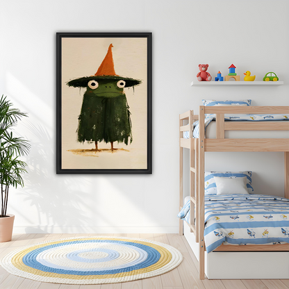 Framed whimsical witch frog canvas wall art above a gray sofa with blue and white pillows.