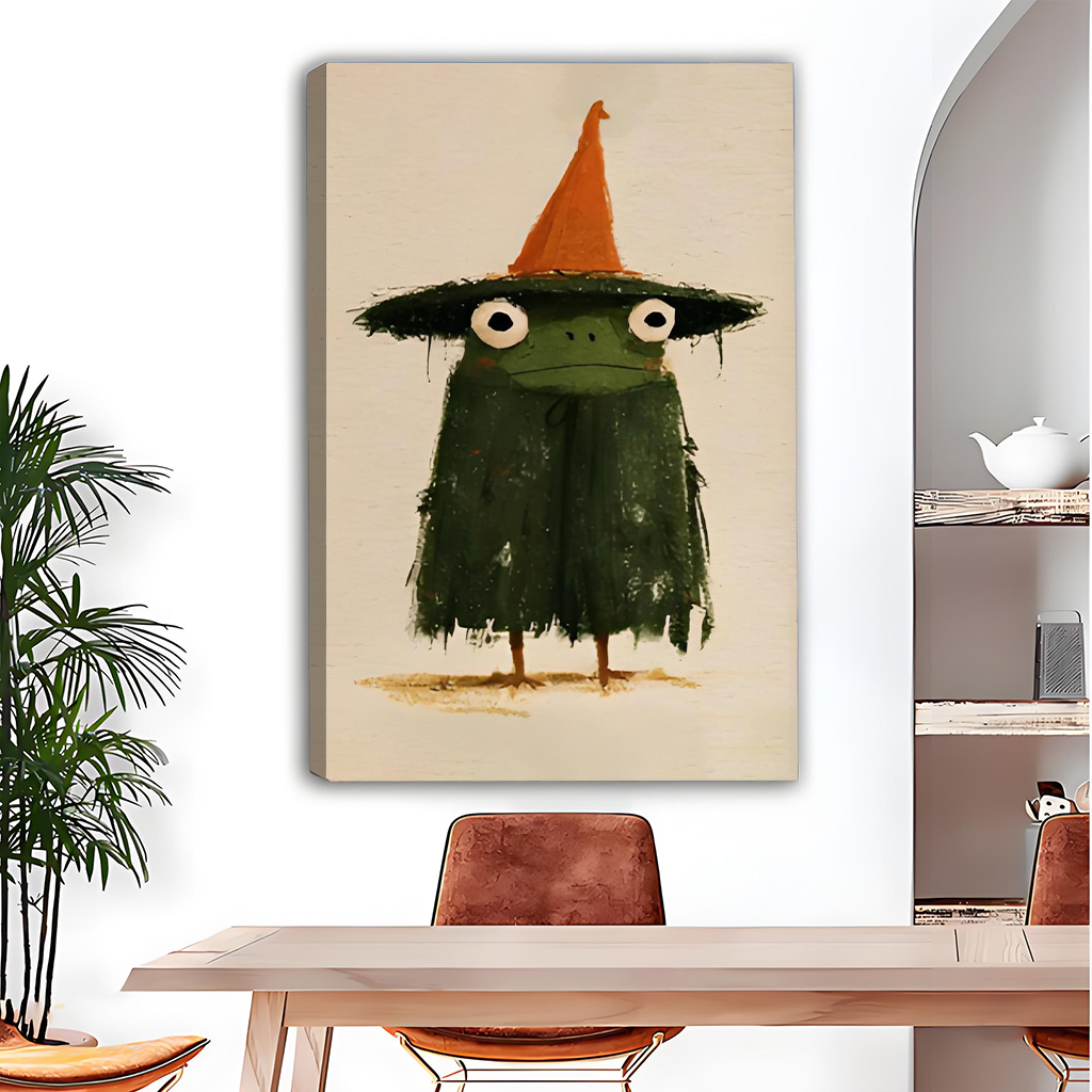 Unframed whimsical witch frog canvas wall art on a cream background above a dining table beside arched shelves.