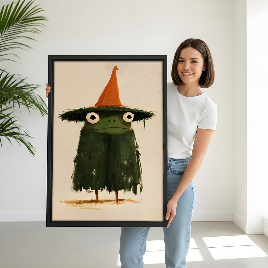 Woman holding black-framed witch frog canvas wall art featuring a wide-eyed green frog and tall orange hat.