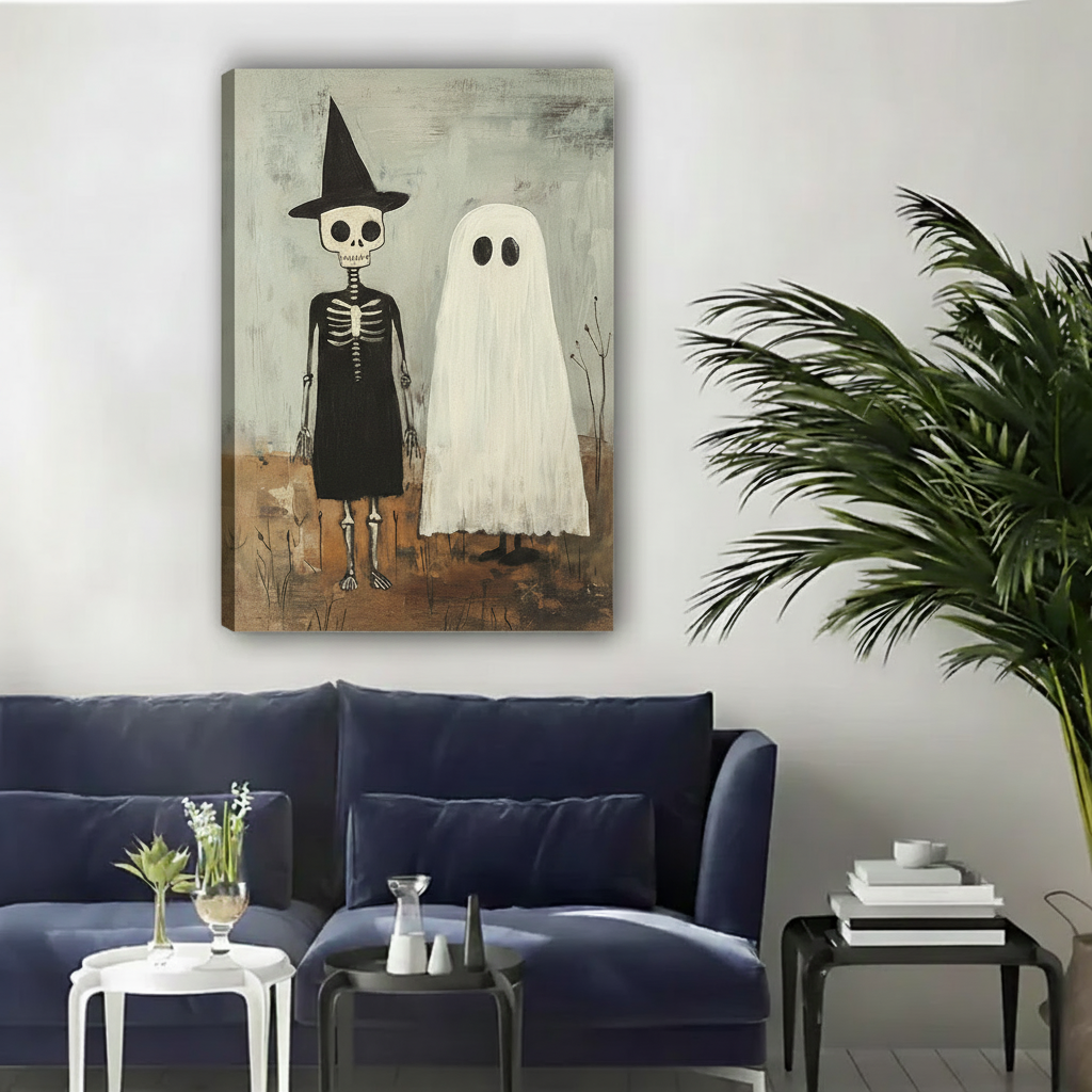Gallery-wrap witch and ghost Halloween canvas wall art featuring a skeleton and white sheet ghost.
