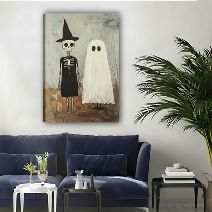 Gallery-wrap witch and ghost Halloween canvas wall art featuring a skeleton and white sheet ghost.