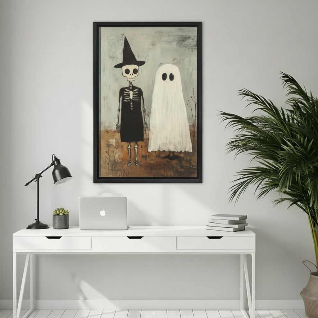 Framed witch and ghost Halloween canvas wall art adding vintage spooky charm to a home office.