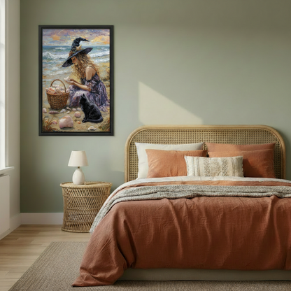 Impasto witch girl canvas with black frame on sage green bedroom wall beside a rattan headboard and terracotta bedding