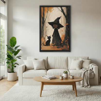 Whimsical witch girl black cat watercolor canvas wall art in black frame displayed above white sofa in modern living room