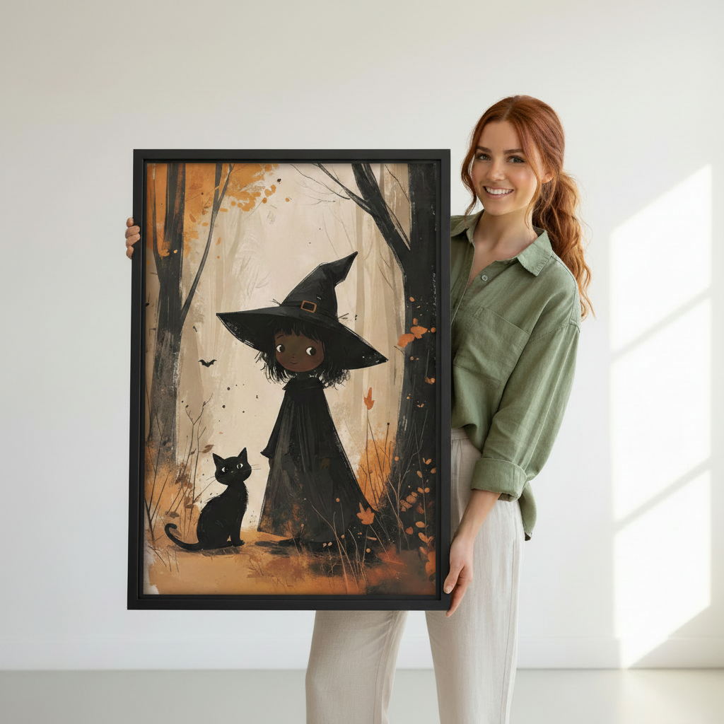 Woman holding large framed witch girl and black cat autumn forest canvas wall art showing print size reference