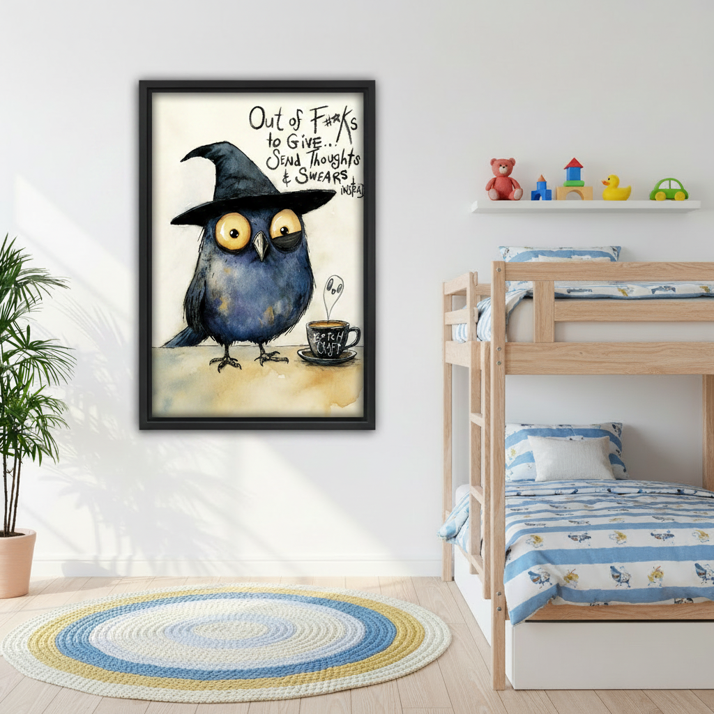 Watercolor witch hat bird and Bitch Craft coffee canvas print in bedroom, gothic humor wall art decor