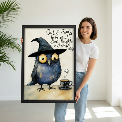 Woman holding large black framed witch hat bird Bitch Craft coffee watercolor canvas print, funny gift idea