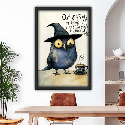 Black framed funny witch hat bird with Bitch Craft coffee watercolor canvas wall art, dining room decor
