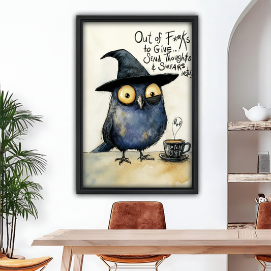 Black framed funny witch hat bird with Bitch Craft coffee watercolor canvas wall art, dining room decor