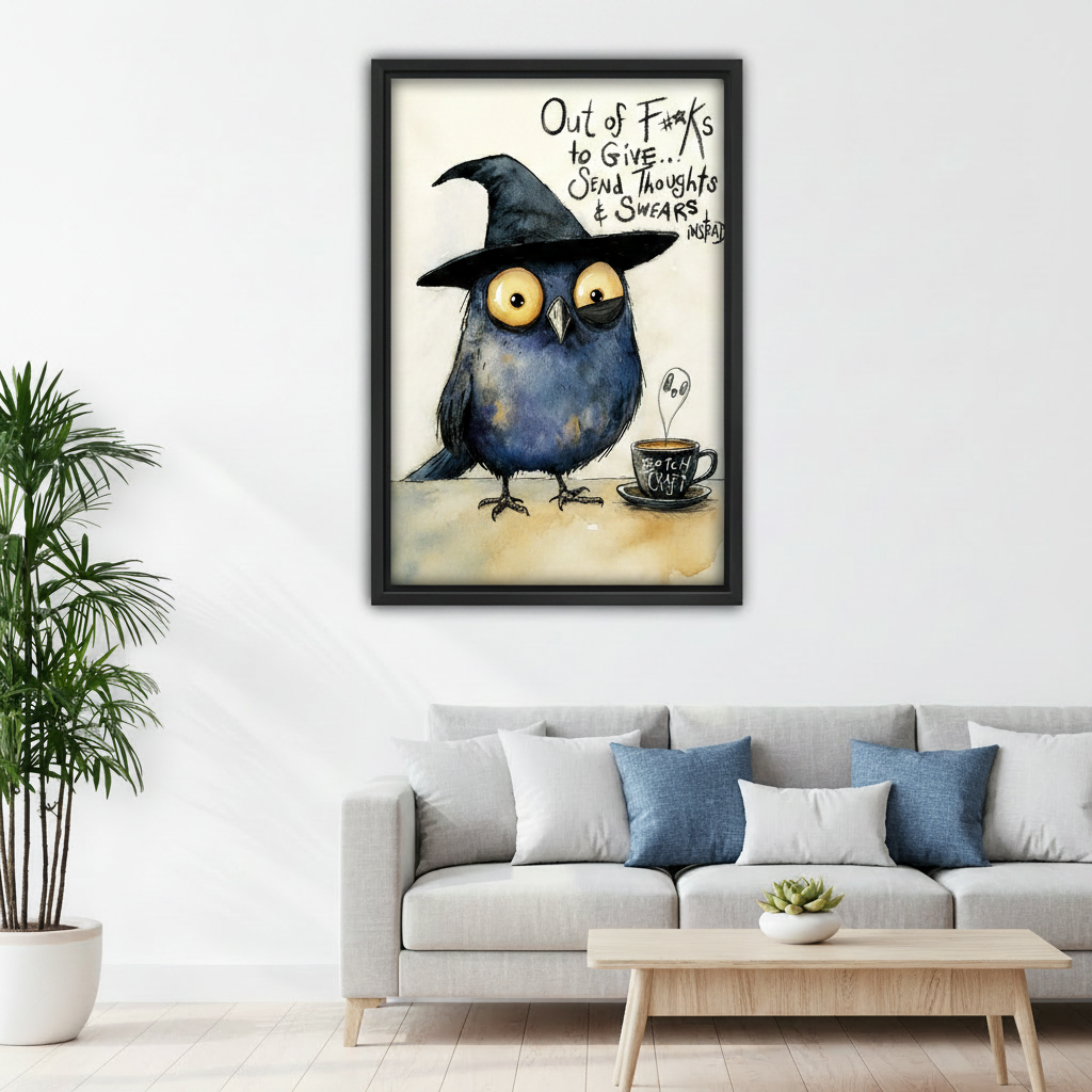 Funny witch bird with coffee framed canvas wall art above sofa in modern living room, sarcastic humor decor