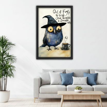 Funny witch bird with coffee framed canvas wall art above sofa in modern living room, sarcastic humor decor